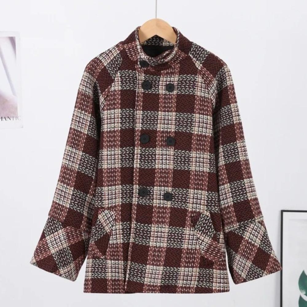 Клетчатое двубортное женское пальто Элегантное пальто с высоким воротником и карманами, рукава-буфы, женская куртка, модная женская верхняя одежда