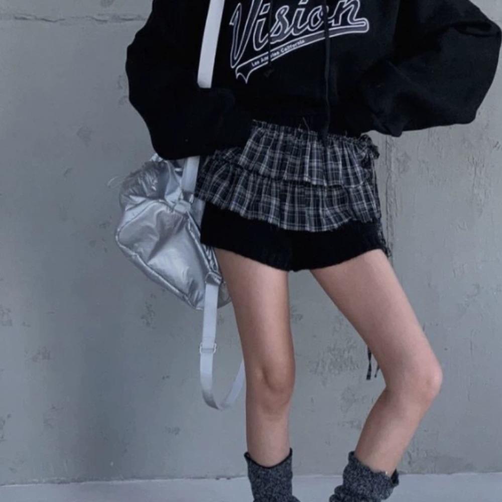 Hip-hop Layer Outfits Plaid Skirt Shirt Extender Ruffled Edge Waistband Jeans Decor