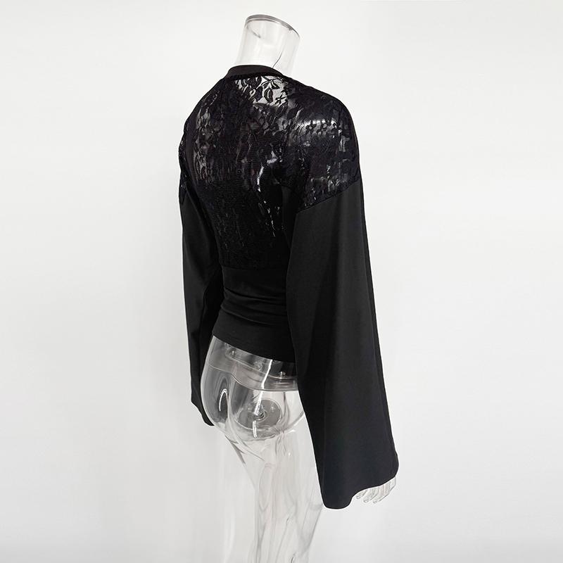 Черные Кружевные Футболки Женская Блузка 2026 Весна Стройные С Длинным Рукавом Футболки Уличный Повседневный Вечеринка Элегантный Модный Кружевной Рубашка Футболки Топ