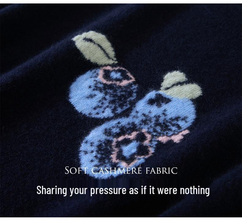 2025 Autumn/Winter Women's Round Neck Blueberry Jacquard 100% Pure Cashmere Sweater