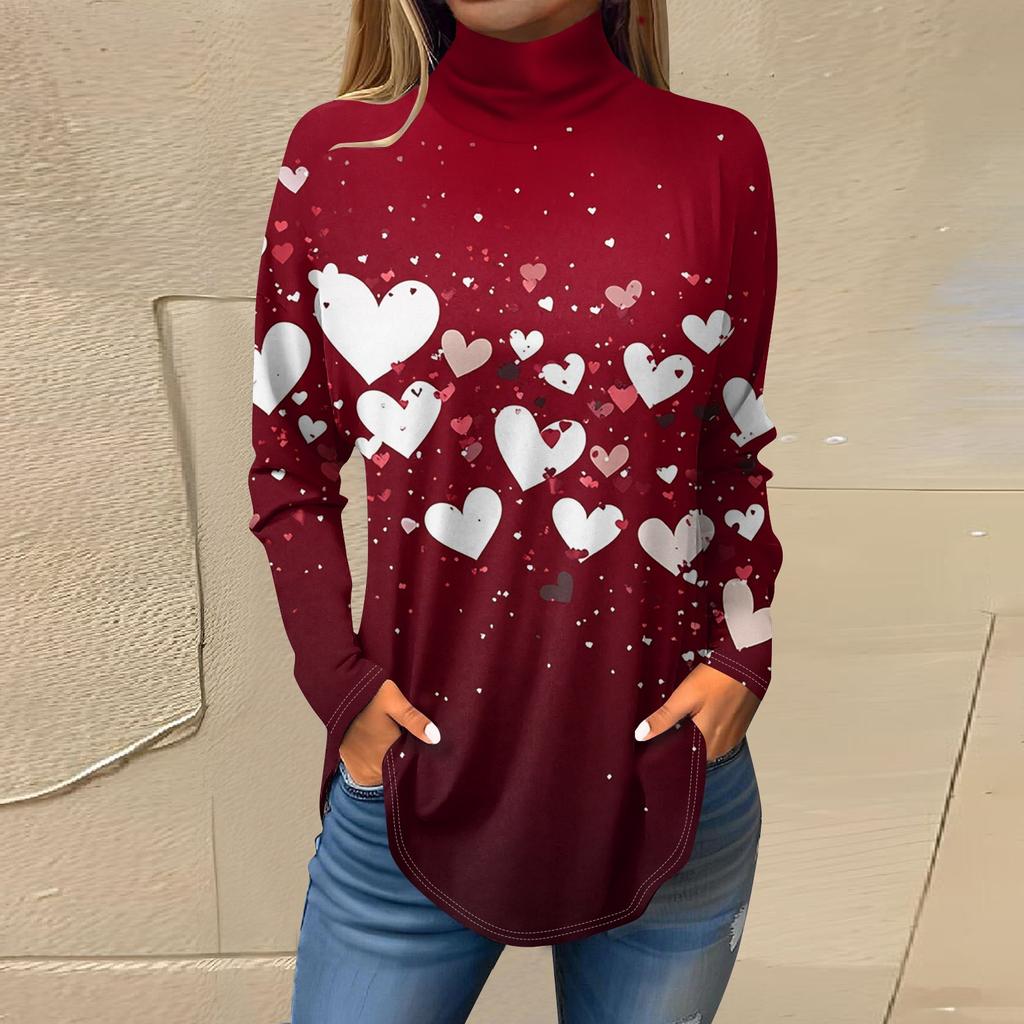 Футболки для женщин, осенние повседневные рубашки с длинным рукавом, толстовка с принтом, топ с высоким воротом, пуловер