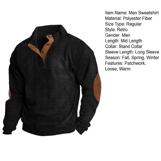 Мужская толстовка с воротником-стойкой и пуговицами, с длинным рукавом, повседневная, свободная, ретро-цвета, для повседневного спорта на открытом воздухе, для путешествий, контрастные цвета, топ