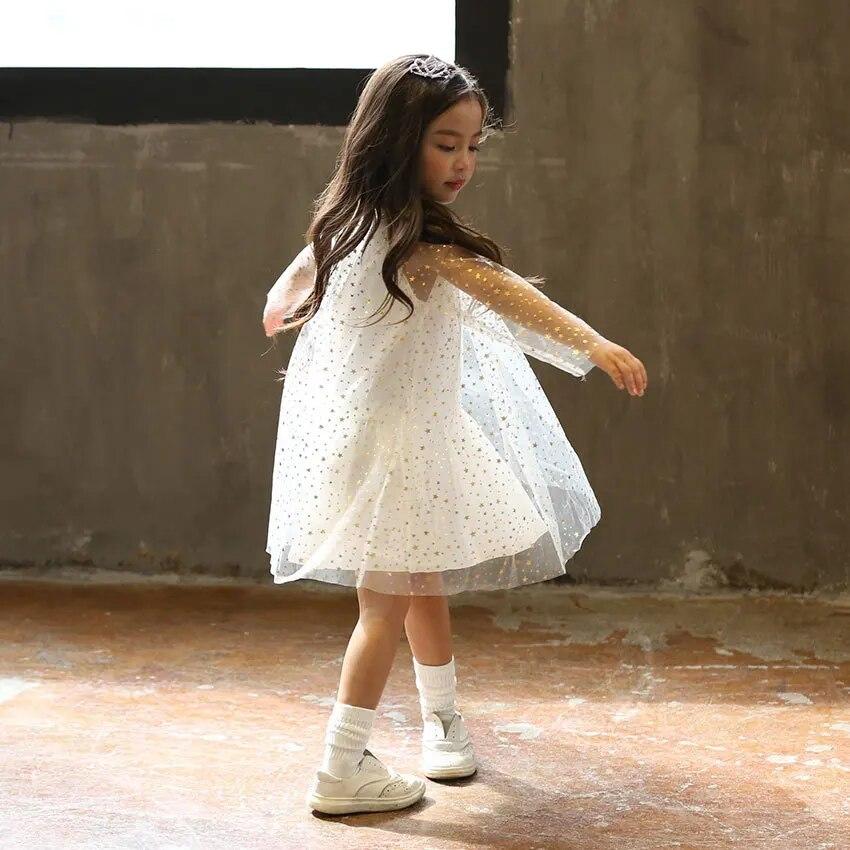 Summer Dress 2023 Shiny Star Pattern Girls Yarn Cotton Lined Princess Dress Christmas O-Neck Kids Long Sleeve Dresses