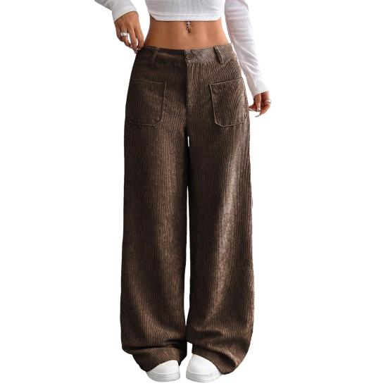 Женские брюки с низкой посадкой, на молнии и пуговице, прямые широкие длинные брюки с карманами, однотонные рубчатые брюки для отдыха
