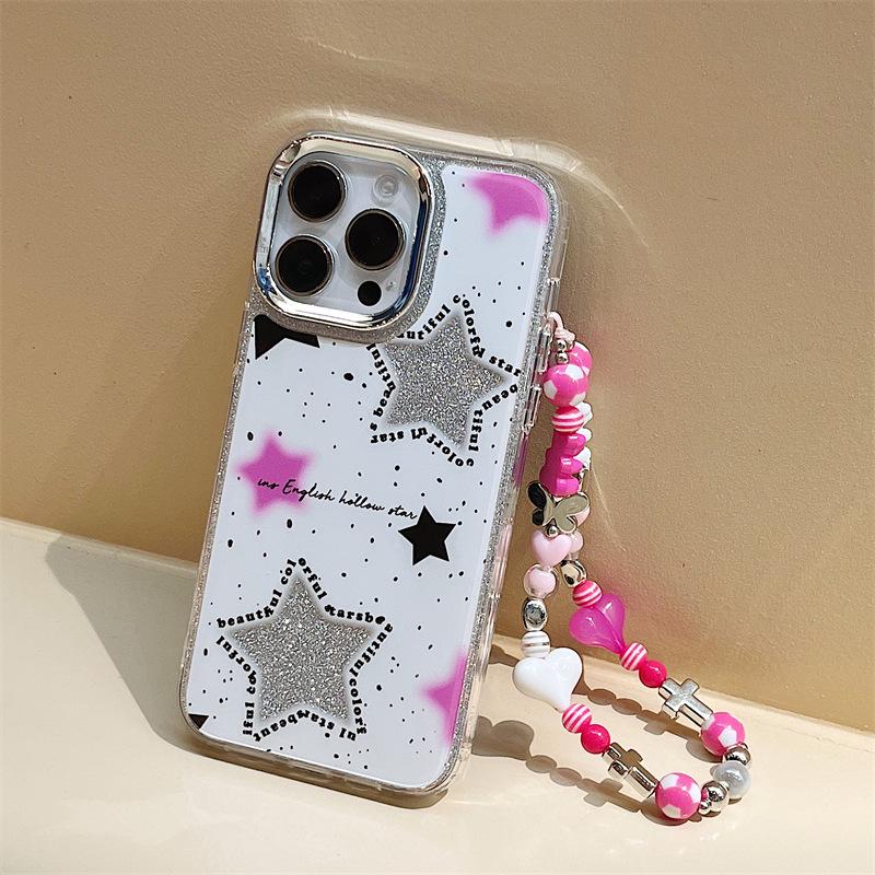 Apple 14 Ins Style iPhone Case: 12/13/15 Pro Three-in-One Acrylic Glitter Chain