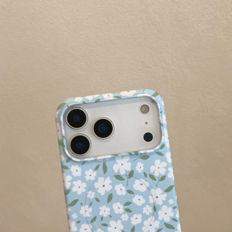 Apple iPhone 17 Pro Max/16 Pro Синий Магнитный Чехол-Пленка Белый Цветочный Дизайн Сердечки Девочка