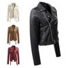 European Spring Women's Short Leather Motorcycle Jacket with Lapel Collar