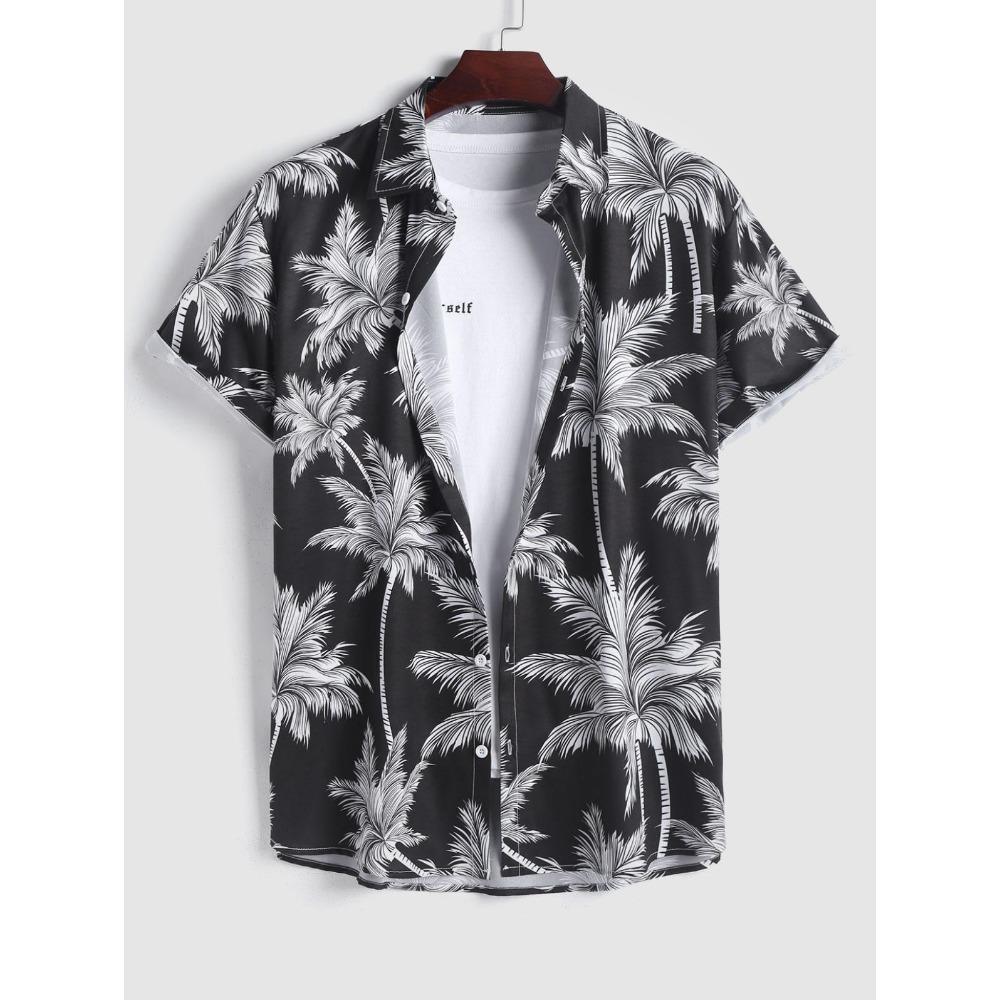 Tropical Coconut Tree Pattern Men's Short Sleeve Button Down Lapel Shirt For Summer Resort Holiday Hawaiian Style Oversized Tops