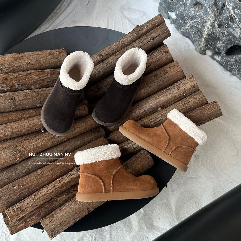 Cowhide Version~ Retro Round Head Ugly Cute Short Boots Women's Velvet Low-top Snow Boots Warm Large Cotton Shoes Thick-soled Fluffy Boots