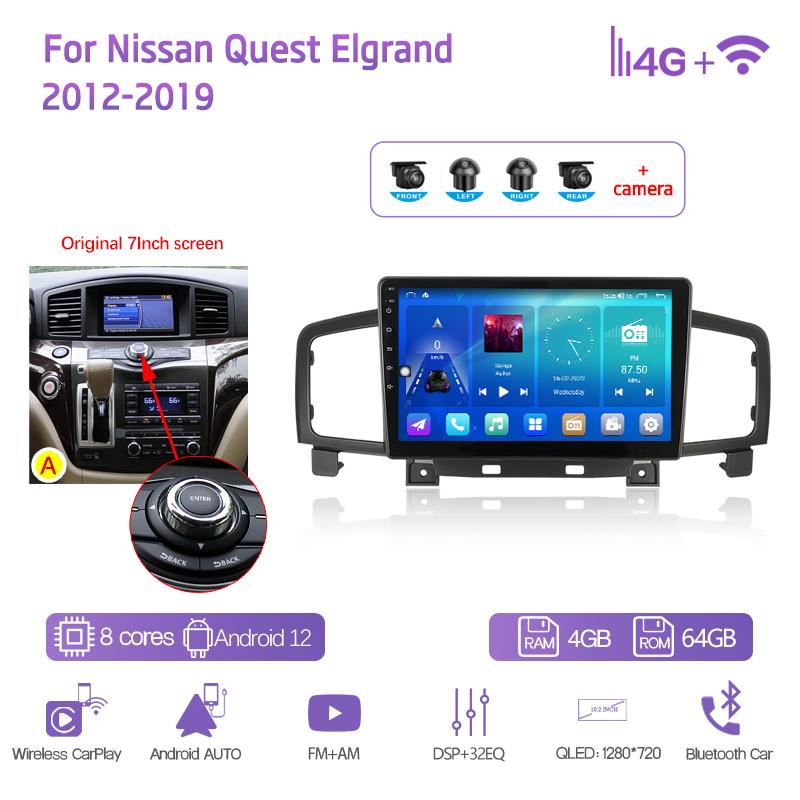 10.2" For Nissan Quest Elgrand 2012-2019 Car Multimedia Player GPS Navigation Radio Android12 8+128G 8Core CarPlay 4G 360Camera