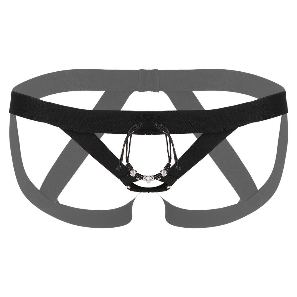 Men Crotchless Strappy Thongs O-ring Bead Decor G-string Low Rise Elastic Waistband for Honeymoon