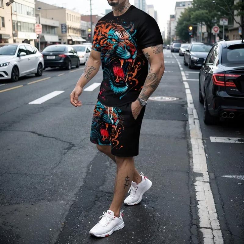 Summer 3d Tiger Lion Print Men's Round Neck Short Sleeved T-Shirt Shorts Set 2-Piece High-Quality Casual Street Sports Set