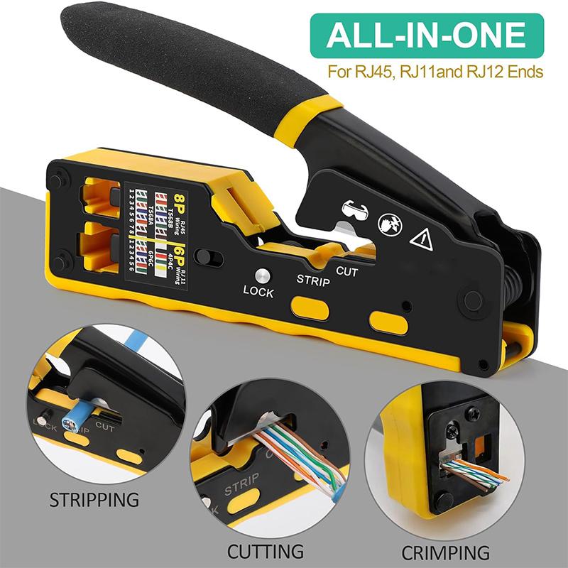 RJ45 Crimp Tool Kit Pass Through Cat6 Crimping Tool For Cat5 Cat5e Cat6 8P8C Connector, All-in-one Ethernet Crimper