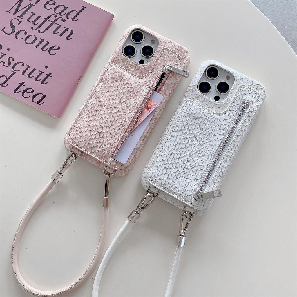 For iPhone 16 Pro Max Case Zipper Card Holder Mirror Snake Texture PU+PC Back Cover with Lanyard