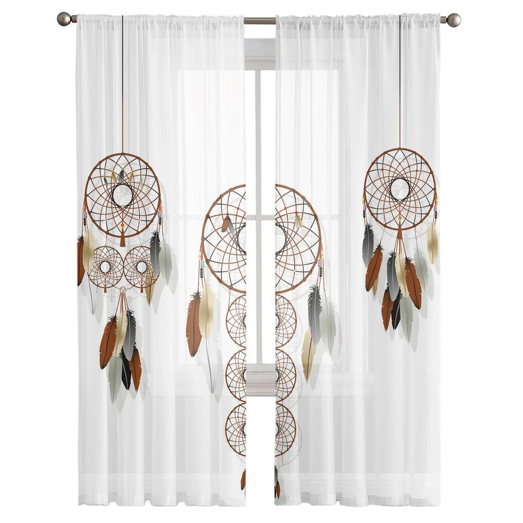 Dream Catcher Watercolor Feather Pattern Modern Tulle Curtains for Living Room Bedroom Home Kitchen Window Sheer Curtains