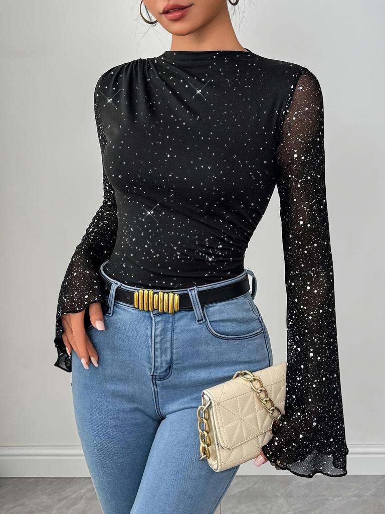 Топ с длинным рукавом из черной сетки с пайетками, европейский и американский стиль, 2025