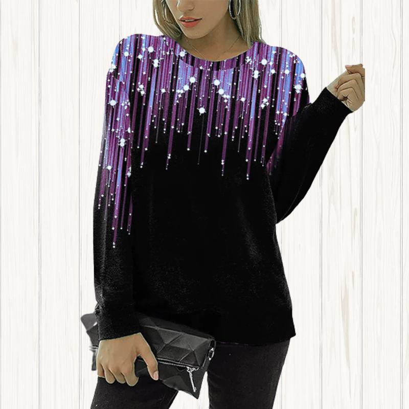 Women Autumn Tops Loose Cat Colorful Meteor Print Causal Long Sleeve T-shirt Top Blouse
