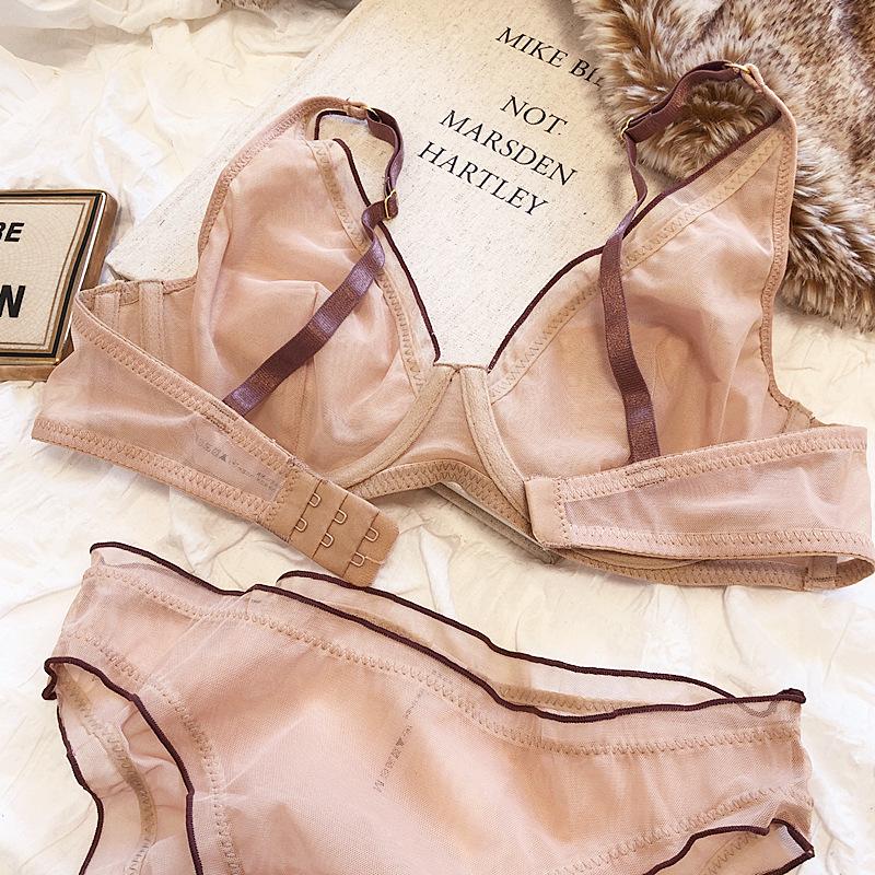 Французский ультратонкий бюстгальтер без косточек для женщин, нижнее белье, топ, сексуальный комплект с бюстгальтером пуш-ап с глубоким V-образным вырезом, летнее комфортное дышащее нижнее белье и трусики