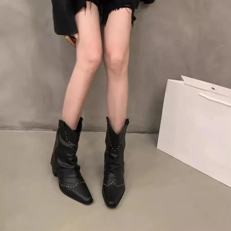 Модные женские ботинки Обувь для женщин в стиле вестерн-ковбой Толстый каблук Ретро Новый Рок Готика Середина икры Низкий острый носок Осень Зима Rivet2024