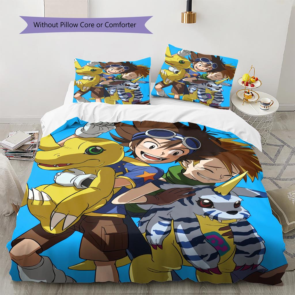 Набор постельного белья с рисунком персонажей Digimon  Декор для дома  Подарок (1 пододеяльник + 2 наволочки без наполнителя)