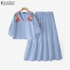 Women 3/4 Sleeve Floral Blouse and Skirts Casual Two Piece Suit Sets