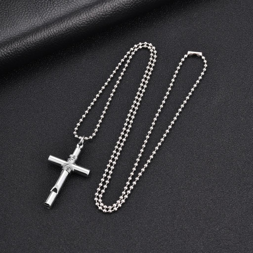 Vnox Cross Whistle Necklace, Stainless Steel Emergency Survival Pendant Chain, 70cm Ball Chain for Men Women, Silver Color