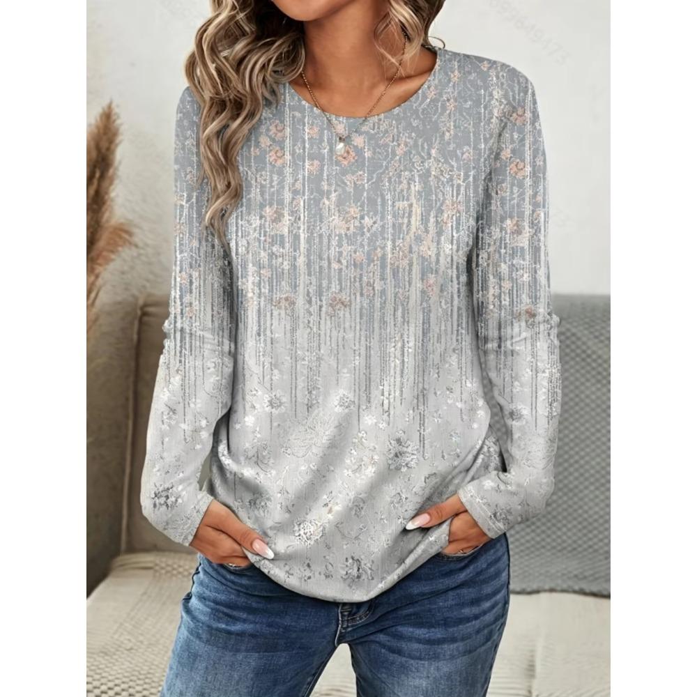 2026 New Women's 3D Printed Floral Print T-Shirts Fashion Long-Sleeved Round Neck Tops Spring and Autum Casual Female Clothing