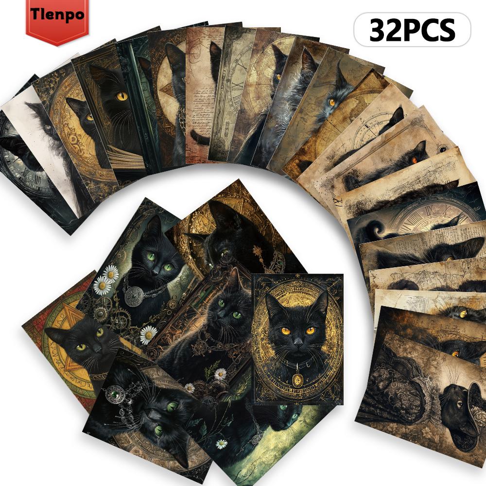 32pcs, Gothic cat postcards, black cats, room decoration stickers, manual materials, souvenirs, collectibles and mail
