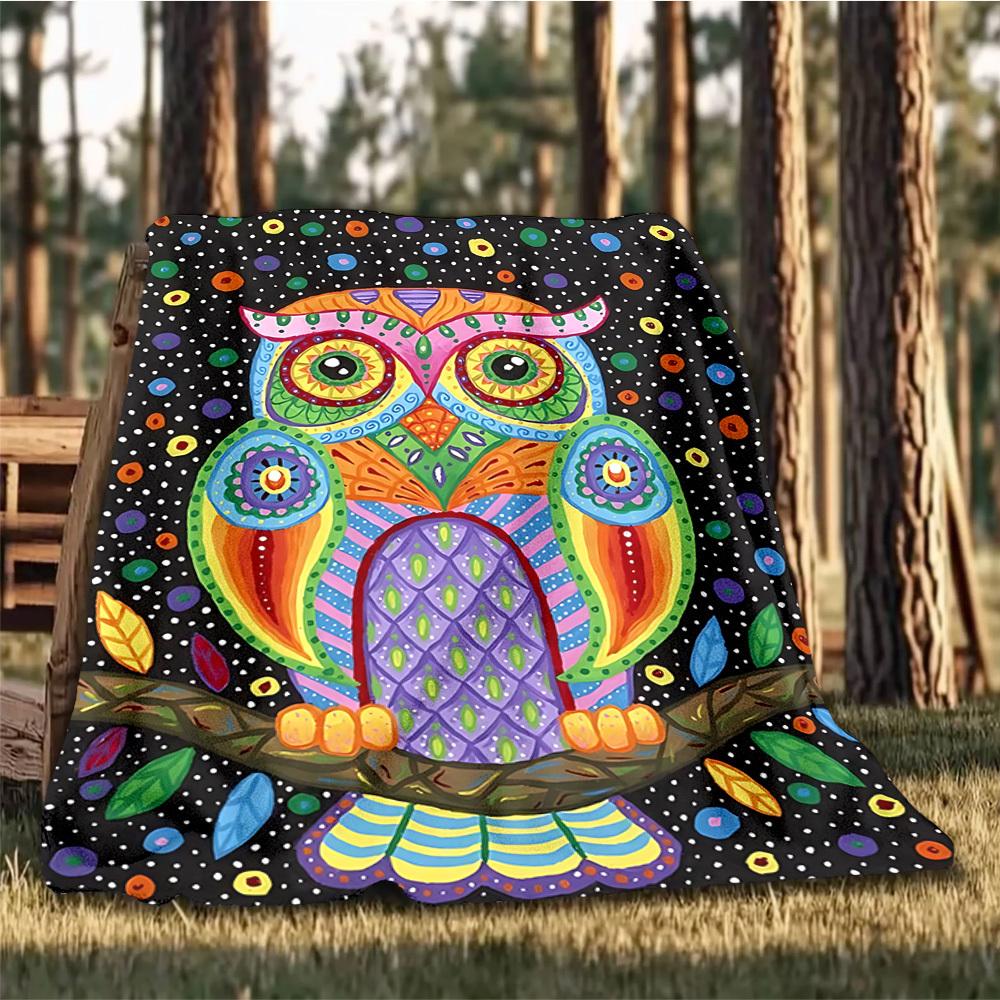 1pc Colorful Owl Art Print Print Outdoor Blanket, Lightweight Polyester,