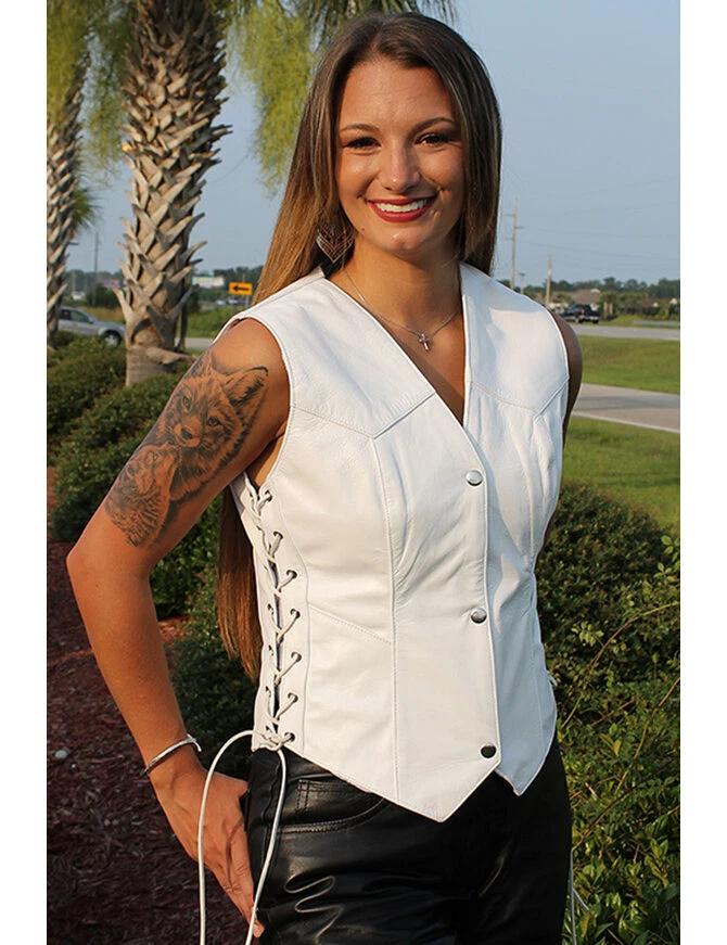 Белый боковой кружевной жилет женский кожаный жилет стильные кнопки вестерн овчина