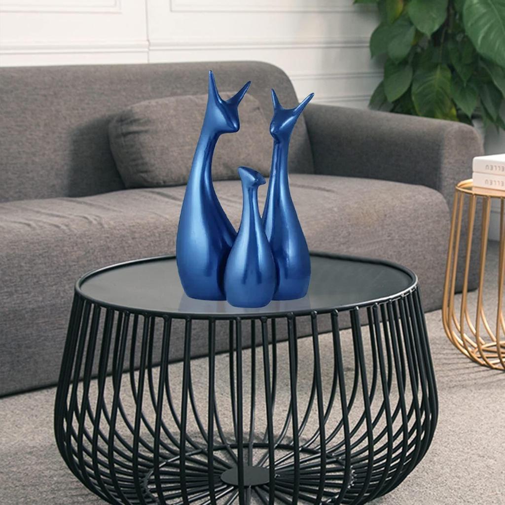 Керамическая фигурка Lucky Deer Family Home Decor цвета матового металлика приглушенного синего цвета | Впервые выпущена в Индии - (Набор из 3 шт., синий)