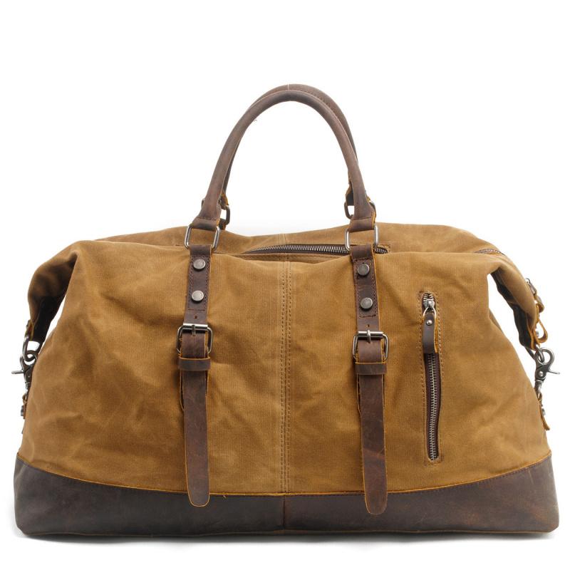 Large-capacity Men's Travel Handbag, European and American Waterproof Waxed Canvas Crossbody Luggage Bag with Crazy Horse Leathe
