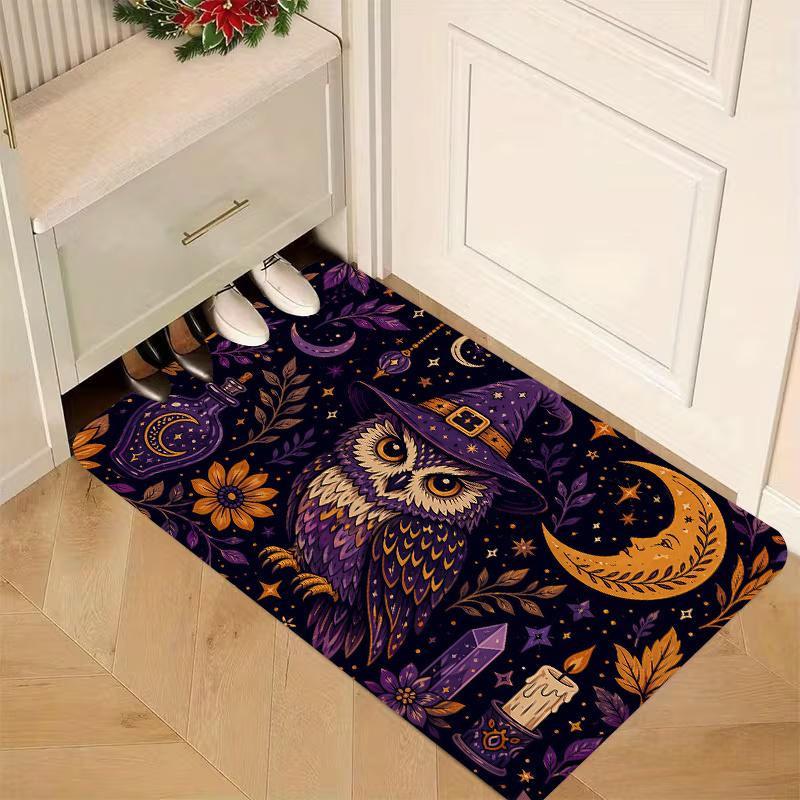 1pc, 2D Flat Printing, Vintage Magic Owl Entrance Door Mat, Kitchen Dining Room Decoration, Indoor Outdoor Home Party Decor, 2D Flat