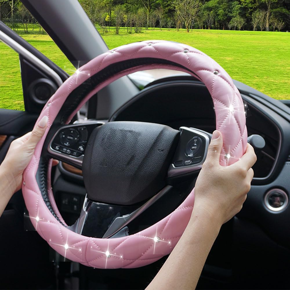 YOGURTCK Cute Diamond Soft Light Pink Leather Anti-Slip Steering Wheel Cover with Bling Crystal