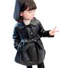 Korean Style Spring Autumn Lapel Children's Leather Jacket Girls Long Trench Coat