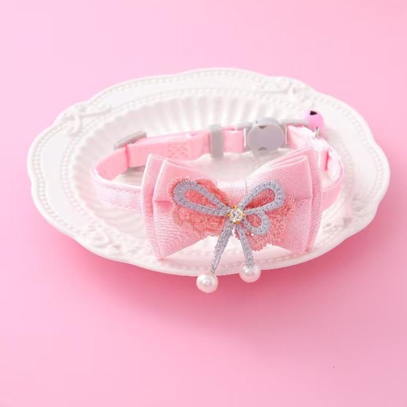 Wind-themed pet collar, princess pink lace bow with dangling beads, cat collar with bell, detachable neck ring