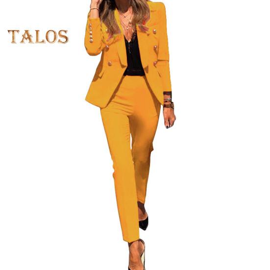 2 шт./комплект женский деловой пиджак брюки комплект с длинными рукавами декорированный пуговицами лацкан кардиган средней длины пиджак прямые брюки с высокой талией формальный деловой