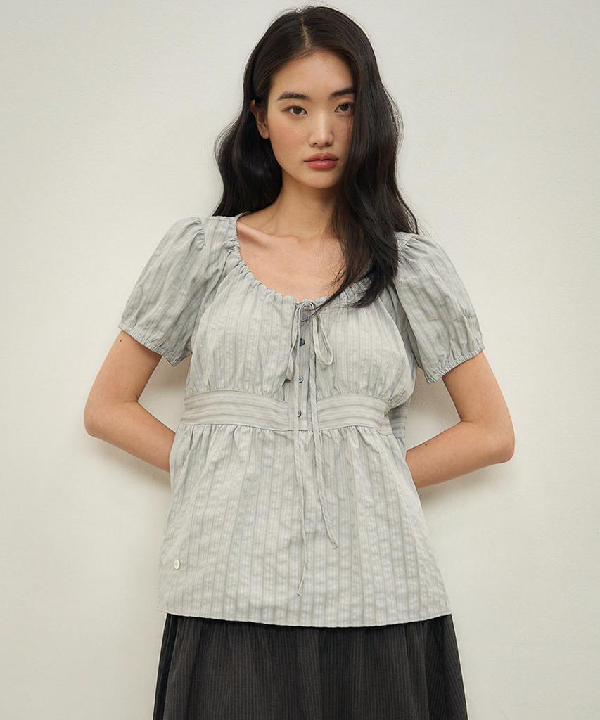 OURO Stripe Puff Blouse [ Gray ]