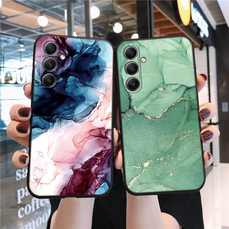 Marble Patterned Soft Black Silicone Phone Case For Samsung Galaxy A55 A54 A35 A34 A15 For Samsung S24 S23 Ultra Camera Shockproof Protective Cover