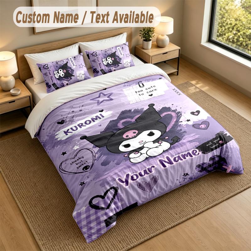 3Pcs Bedding Set Custom Name Text, 1 Sheet 2 Pillowcases Home Bed DecorKuromi