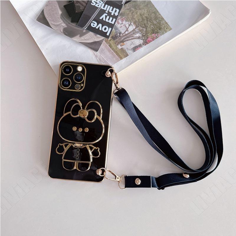 Зеркальный чехол с ремешком через плечо с кроликом для iPhone 14 11 12 13 Pro Max Mini 14pro 13mini 8 7 6 6S Plus X Xr Xs Max SE