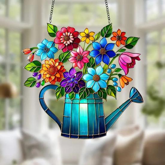 Potted Plants Sun Catcher Acrylic Window Hanging Ornament Floral Pattern Suncatcher for Home Wall Sunlit Spaces Decoration