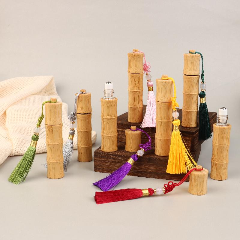 10ml Bamboo Roll-on Bottle – Refillable Container with Steel Roller Ball and Tassel for DIY Perfume or Lip Gloss