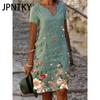 JPNTKY Women's Fashion Summer Spring Floral Print Short Sleeve V-Neck Casual Dresses