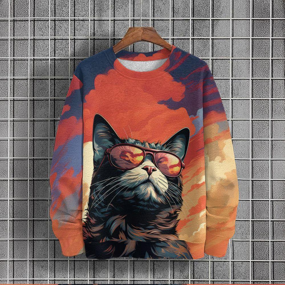 Animal Sweatshirt For Men Sunglasses Cat Graphic Long Sleeve Printed T-Shirts Casual Outdoor Streetwear Oversized Men's Clothing