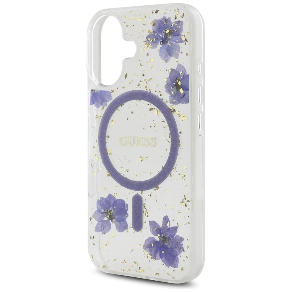 Etui do iPhone 16 Guess MagSafe Glitter Kwiaty Fioletowe