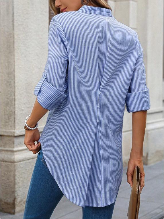 В наличии 2025 г. Повседневная полосатая рубашка с длинным рукавом и V-образным вырезом для весны и осени в европейском и американском стиле