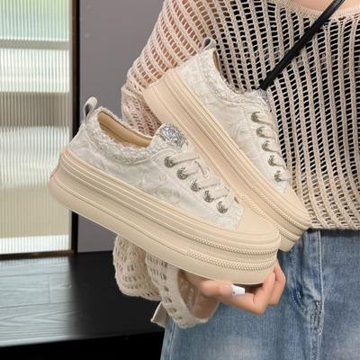 Женская обувь со стразами, женская обувь с белыми бриллиантами, на высокой платформе, парусиновая 2024, новая, роскошная, из хлопка, распродажа H