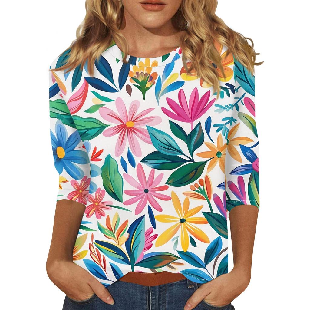 Женский топ с цветочным принтом, круглым вырезом и рукавами три четверти Футболка Футболка с рукавами три четверти