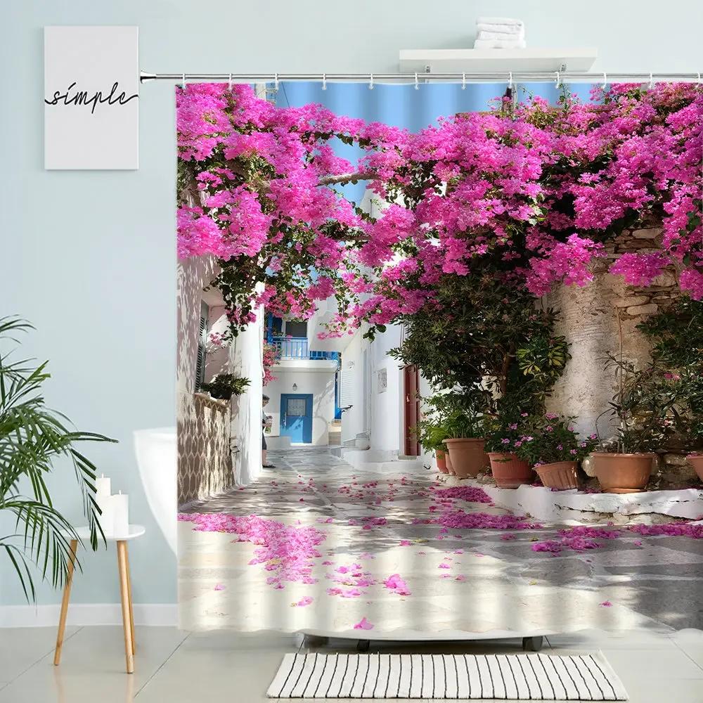 Greece Street View Shower Curtain Country Retro Town Spring Green Plants Flowers Vines Scenery Bathroom Decor With Hook Screen